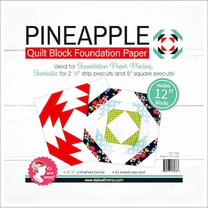 May include: A package of Pineapple Quilt Block Foundation Paper, used for foundation paper piecing. The package is white with red, green, blue, and black text. It shows two examples of quilt blocks, one with red and white fabric and the other with green, blue, and white fabric. The package says it makes 12 12.5 inch unfinished blocks and includes 42 sheets per pad. The package also includes the website address www.ItsSewEmma.com.