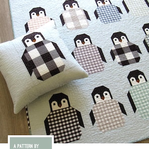 May include: A light blue quilt and pillow set featuring a repeating pattern of patchwork penguins. The penguins have black heads and various patterned bodies. The text "PENGUIN PARTY" is at the top. The text "A PATTERN BY ELIZABETH HARTMAN" is also visible.