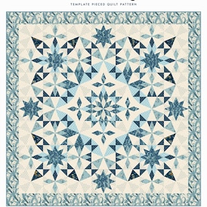 May include: A large, template pieced quilt pattern titled "Alaska" by Laundry Basket Quilts. The quilt features a central starburst design in shades of blue and cream, with a patterned border. Quilt size is 92.5" x 92.5".