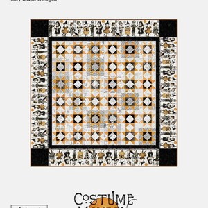May include: A quilting pattern for a Halloween-themed quilt featuring a black and white checkerboard pattern with orange accents. The pattern is called "Sawtooth Scene" and is designed by J. Wecker Frisch. The quilt is made with "Costume Makers Act II" fabric from Riley Blake Designs. The finished size of the quilt is 84 1/2 inches by 84 1/2 inches.