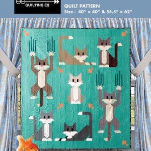May include: A quilt pattern featuring a teal background with a repeating pattern of stylized cats scratching at a post. The quilt pattern is called "Cat Scratch" and is available in two sizes: 40" x 40" and 55.5" x 62".