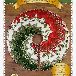 May include: A red, green, and white Bargello Christmas tree skirt with a simple quilt as you go design. The skirt is made with pre-printed batting and a template. The image includes the text "Bargello Christmas Tree Skirt", "Simple Quilt As You Go!" and "ShabbyFabrics.com".