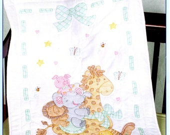 Giraffe and Friends Crib Quilt Top *Stamped Cross Stitch & Embroidery Fabric Panel* From: Jack Dempsey Needle Art
