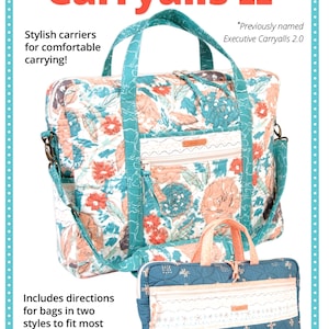 May include: Executive Carryalls II bags in two styles, designed for widescreen laptop computers. The larger bag features a floral pattern with teal accents, while the smaller bag is teal with a geometric design. The text reads "Stylish carriers for comfortable carrying!"