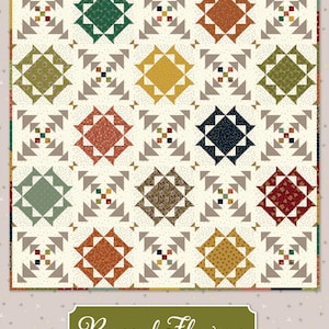 May include: A colorful quilt with a repeating pattern of diamond-shaped blocks in various colors, including green, orange, and blue. The quilt features the text "Pressed Flowers" and is designed by Kim Diehl.