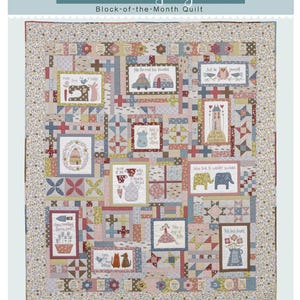 May include: A patchwork quilt titled "A Letter to my Daughter." The quilt features various embroidered blocks with images of animals, houses, and inspirational quotes. The color palette includes soft blues, pinks, and creams, with a floral border.