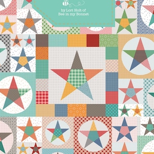May include: A quilt pattern called "Farmhouse Star" by Lori Holt of Bee in my Bonnet. The pattern features a patchwork design with a variety of colors and patterns, including stars, circles, and squares. The finished size of the quilt is 78 inches by 78 inches.