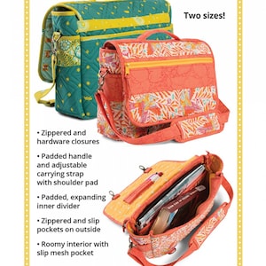 May include: Two messenger bags in different sizes. One is teal with yellow accents, the other is coral with a floral pattern. Features include zippered closures, padded handles, adjustable straps, and expanding inner dividers. The open bag reveals a pen holder.