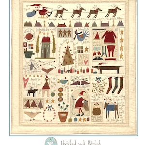 May include: A cream-colored Christmas-themed quilt with various embroidered images and text. Santa Claus, reindeer, a Christmas tree, and other festive elements are depicted. The quilt features a variety of colors, including red, green, and brown, and has a stitched border.