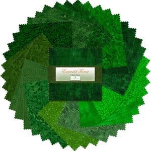 May include: A pack of 5-inch green fabric squares with various patterns, including floral, geometric, and textured designs. The pack is labeled "Emerald Forest".