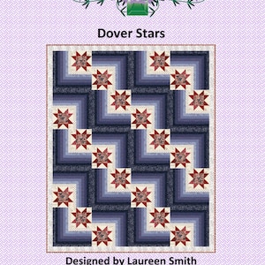 May include: A quilt titled "Dover Stars" with a repeating star pattern. The quilt features a color palette of blues, creams, and reds. The quilt measures 65" x 80". The designer is Laureen Smith.