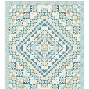 May include: A pieced quilt pattern titled "Primrose - Sewing Bird" by Laundry Basket Quilts. The quilt features a central diamond design with blue, cream, and tan geometric shapes. The quilt size is 66.5" x 78.5".