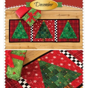 May include: Patchwork Christmas tree table runner with a red, black, and white plaid design. The runner features three green patchwork Christmas trees with gold stars and red and green ornaments. The text "Patchwork Accent Runner Christmas Tree December" is on the top of the image.