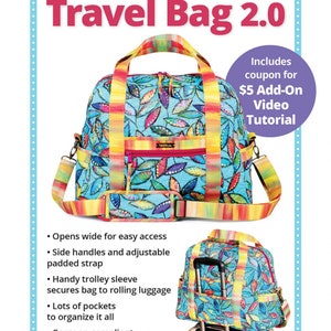 May include: A blue and green travel bag with a colorful leaf pattern. The bag has side handles, an adjustable padded strap, and a trolley sleeve. The bag is carry-on compliant. Includes a $5 coupon for a video tutorial. byannie.com ...what's in your bag?