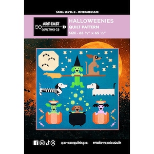 May include: A Halloweenies quilt pattern by Art East Quilting Co. The quilt features whimsical dogs dressed for Halloween, set against a blue background with a full moon. The quilt measures 65.5 inches by 65.5 inches.