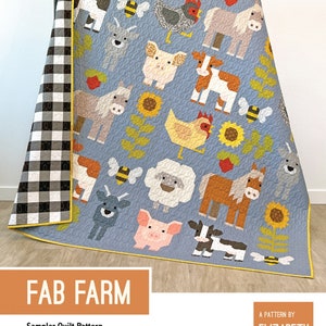 May include: A quilt pattern titled "FAB FARM" featuring a patchwork design of farm animals, including cows, horses, pigs, sheep, chickens, goats, bees, and sunflowers. The quilt is displayed on a black and white checkered background.