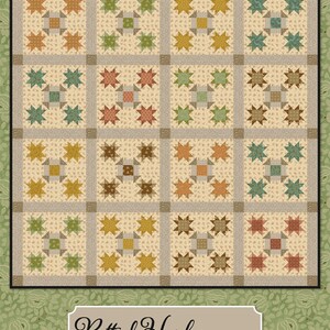 May include: A quilt featuring a grid of sixteen square blocks, each containing a four-pointed star pattern in various muted colors like orange, green, yellow, and brown. The blocks are separated by light gray sashing. Text reads Potted Herbs.