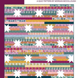 May include: A quilt pattern titled "Jelly Stars" by Morgan McCollough. The design features a colorful patchwork of horizontal stripes in various patterns and colors, with white star shapes interspersed throughout. The text "PRECUT STRIP FRIENDLY" is also visible.