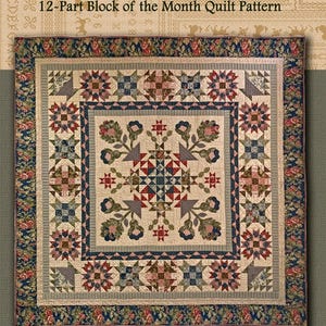 May include: A Haberdashery Sampler quilt pattern with a floral and geometric design. The quilt features a central medallion with intricate star and floral motifs in red, blue, and green. Finished quilt size is 91 x 91 inches.