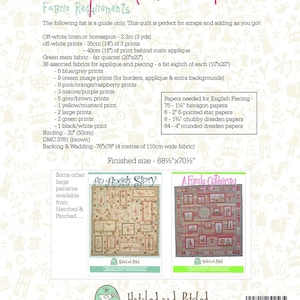 May include: A quilt pattern titled "Gossip in the Garden" by Hatched and Patched. The pattern features a quilt with a floral design and a finished size of 68 1/2 inches by 70 1/2 inches. The pattern also includes a list of fabric requirements and paper requirements for English piecing.