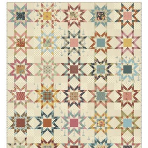 May include: A pieced quilt pattern titled "Country Star" with a cream background and star designs. The quilt features various fabrics in shades of pink, blue, and brown. The quilt size is 60.5" x 72.5". The text "LAUNDRY BASKET QUILTS" is at the top.