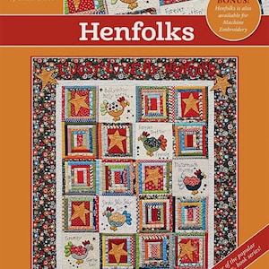 May include: A quilt pattern featuring a patchwork design with a variety of colors and textures. The quilt is made up of squares with different designs, including stars, chickens, and other farm-themed motifs. The quilt is titled "Henfolks" and is from the "Turning Twenty" book series.