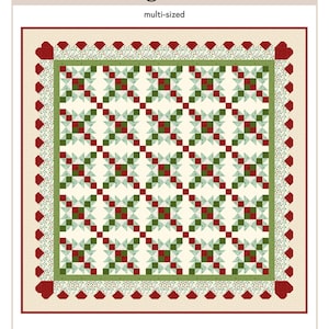 May include: A multi-sized quilt pattern titled "Vintage Linens." The quilt features a cream-colored background with a repeating pattern of red and green squares and triangles. The border is a cream color with red accents. The pattern is by Lamb Farm Designs.