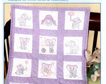 Elephants Nursery Quilt Blocks *Stamped Cross Stitch Embroidery Blocks* From: Jack Dempsey Needle Art