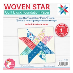 May include: A package of Woven Star Quilt Block Foundation Paper, featuring a colorful star design made with fabric scraps. The package makes 4 1/2 inch unfinished blocks and includes 42 sheets per pad. It's Sew Emma is the brand name.