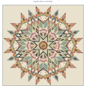 May include: A pieced quilt pattern titled "Tahoe - Farmers Daughter" by Laundry Basket Quilts. The quilt design features a large, star-shaped pattern with geometric shapes in shades of blue, pink, yellow, and beige. The quilt size is 84 ½" x 84 ½".