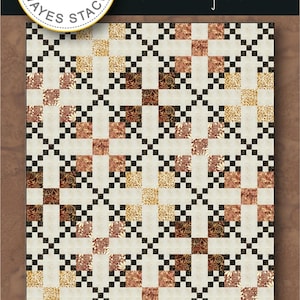May include: A quilt pattern titled "Nine by Nine" with a repeating block design in cream, brown, and black. The quilt measures 67.5 inches by 81 inches. The image includes the "Needle in a Hayes Stack" logo and the Anthology Fabrics logo.