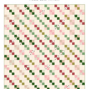 May include: A pieced quilt pattern titled "Holiday Garland" by Laundry Basket Quilts. The quilt features a repeating diagonal pattern of red, green, and pink squares on a cream background. Quilt size is 64.5" x 72.5".