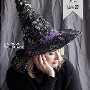 May include: A black quilted witch hat with a purple ribbon and a black and white print of Halloween imagery. The hat is being worn by a woman with blonde hair. The text "the Spellbound Hat" and "A QUILTED WITCH HAT SEWING PATTERN" is displayed below the image.