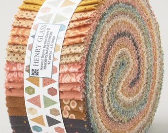 May include: A jelly roll fabric bundle featuring 42 strips of cotton fabric in various autumn-inspired patterns and colors including mustard yellow, burnt orange, cream, brown, and muted teal, secured by a paper band labeled Henry Glass Harvest Thyme.