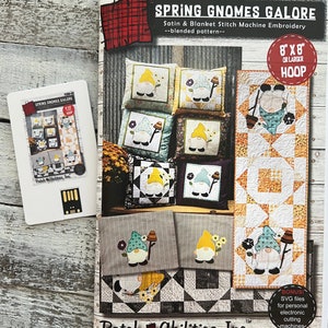 May include: A digital embroidery pattern for a spring gnome design. The pattern is for a 8x8 inch or larger hoop. The pattern includes a variety of gnomes with different colors and designs. The pattern is available for download on a USB drive. The pattern is from Patch Abilities, Inc.