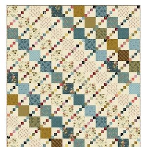 May include: A pieced quilt pattern titled "Double 4 Patch" by Laundry Basket Quilts. The quilt features a repeating pattern of squares in various floral and solid fabrics, including blue, tan, and brown. The finished quilt size is 72.5" x 84.5".