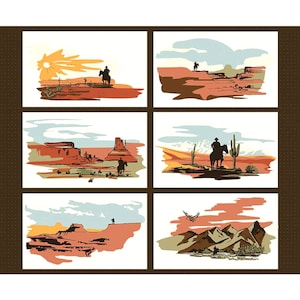 May include: Six illustrations of cowboys riding horses in a desert landscape. The illustrations are in a vintage style with muted colors and a rough, hand-drawn look. The cowboys are all wearing hats and riding horses. The landscapes are all different, but they all feature mountains, cacti, and other desert features.