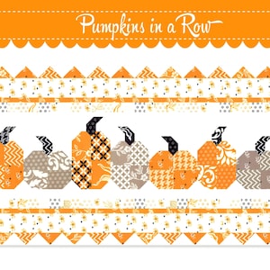May include: A quilting pattern featuring a row of patchwork pumpkins with the text "Pumpkins in a Row" and "FIG TREE & Co." The pattern includes instructions for making a quilt using one charm pack.