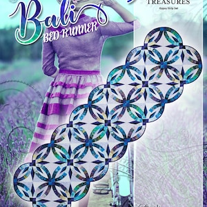 May include: A bed runner with a geometric pattern in shades of blue, teal, and white. The design features interlocking circles. The image includes the text "Bali Bed Runner" and "Timeless Treasures Gypsy Strip Set".