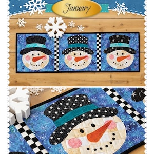 May include: Patchwork accent runner featuring three snowman faces with black hats, carrot noses, and rosy cheeks. The runner has a blue snowflake background and the word "January" on it.