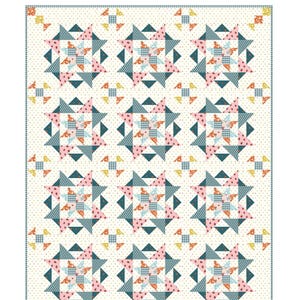 May include: A quilted blanket with a repeating star pattern in shades of pink, teal, and orange on a cream background. The blanket measures 60" x 78" and features the text "Daydream Refresh" and "Lamb Farm Designs".