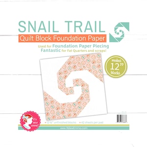 May include: Snail Trail Quilt Block Foundation Paper, a pink and white patterned paper with a snail design, makes 12 inch blocks. It's Sew Emma logo is in the bottom left corner.  42 sheets per pad.