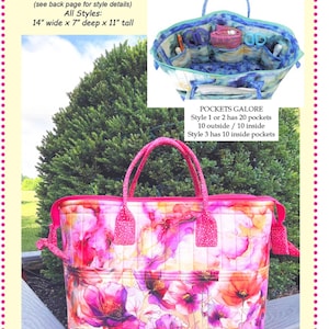 May include: A floral-patterned Gadget Grip tote bag with pink handles. The bag is 14 inches wide, 7 inches deep, and 11 inches tall. The image includes text that says "Aunties Two Patterns" and "Gadget Grip".