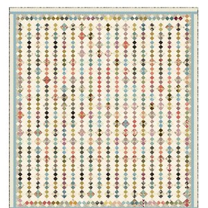 May include: A quilt pattern titled "Patch Party" by Laundry Basket Quilts. The quilt design features vertical rows of colorful diamond-shaped patches on a cream background, framed by a light blue border. The quilt size is 76 1/2" x 83 1/2".