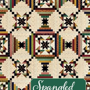 May include: A quilt pattern with a repeating design of black stars and colorful stripes. The pattern is called "Spangled" and is designed by Kim Diehl.