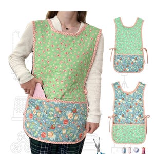May include: A reversible apron featuring a light green fabric with a small floral pattern on one side and a blue fabric with a sewing-themed print on the other. The apron has a large front pocket, pink gingham trim, and side ties. Text reads: A Sixty's R & R (Retro and Reversible Apron) and The Sweet Tea Girls Patterns STG-0054.