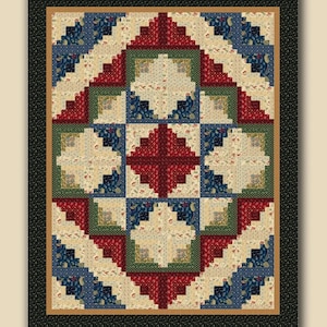 May include: A colorful quilt with a Log Cabin Star design. The quilt features a central star pattern in red, surrounded by squares and triangles in red, blue, green, and cream. The quilt measures 73 x 93 inches and is framed with a black border.
