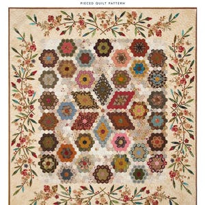 May include: A quilt pattern titled "Flower Garden" by Laundry Basket Quilts. The quilt features a floral design with various colors and patterns. The quilt size is 70.5" x 76.5". The border is decorated with floral vines.