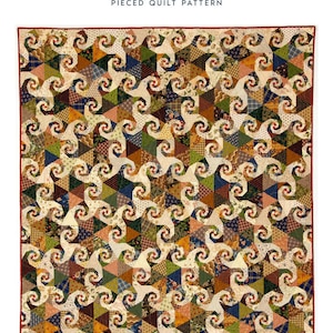 May include: A quilt pattern called "Slow and Steady" with a pieced design featuring a repeating pattern of swirls and triangles in shades of brown, green, blue, and yellow. The quilt measures 66 1/2 inches by 72 1/2 inches.
