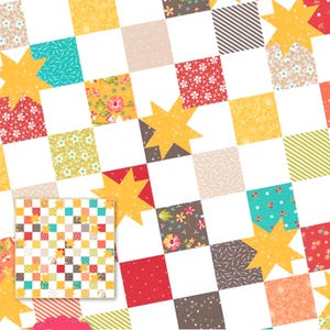 May include: A colorful quilt pattern with a grid design featuring squares in various colors and patterns, including floral, polka dot, and striped designs. The word "Breezy" is written in green script. The design includes star shapes and the text "It's sew emma".